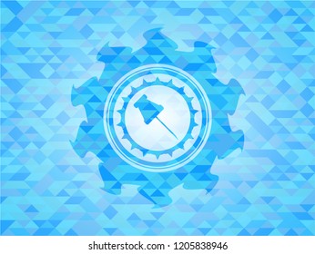 paper pin icon inside realistic light blue mosaic emblem