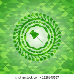 paper pin icon inside realistic green emblem. Mosaic background