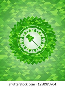 paper pin icon inside realistic green mosaic emblem