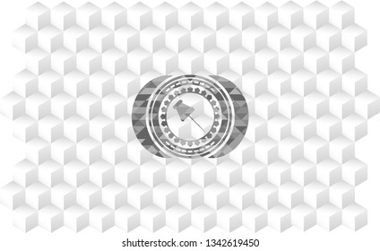 paper pin icon inside realistic grey emblem with geometric cube white background