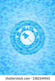 paper pin icon inside realistic sky blue emblem. Mosaic background