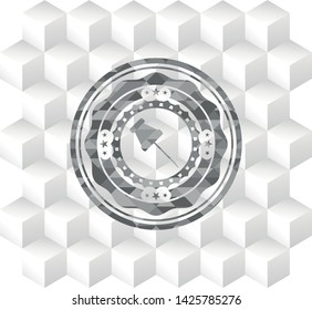 paper pin icon inside realistic grey emblem with geometric cube white background