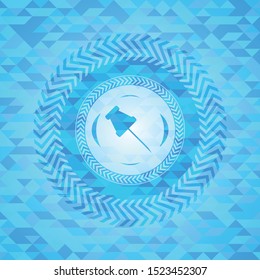 paper pin icon inside realistic light blue mosaic emblem