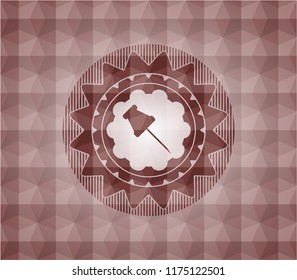 paper pin icon inside red emblem with geometric pattern background. Seamless.