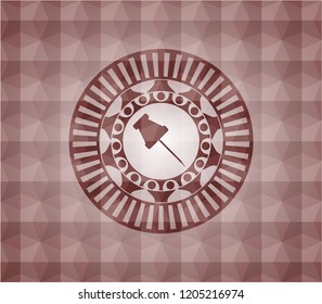 paper pin icon inside red emblem or badge with abstract geometric polygonal pattern background. Seamless.