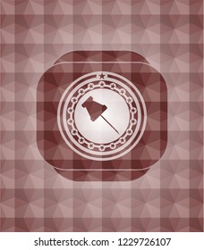 paper pin icon inside red emblem with geometric background. Seamless.