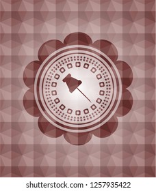 paper pin icon inside red emblem with geometric pattern background. Seamless.