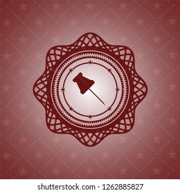 paper pin icon inside red emblem. Vintage.