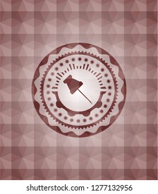 paper pin icon inside red seamless geometric pattern emblem. Seamless.