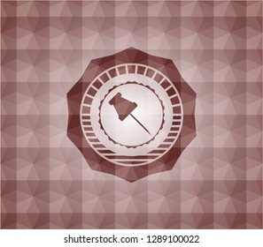 paper pin icon inside red seamless geometric pattern emblem. Seamless.