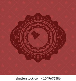 paper pin icon inside red emblem. Retro