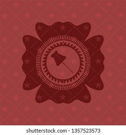 paper pin icon inside red emblem. Retro