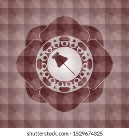 paper pin icon inside red emblem or badge with geometric pattern background. Seamless.