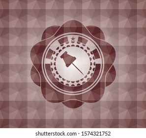 paper pin icon inside red emblem with geometric pattern background. Seamless.