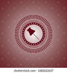 paper pin icon inside red emblem. Retro