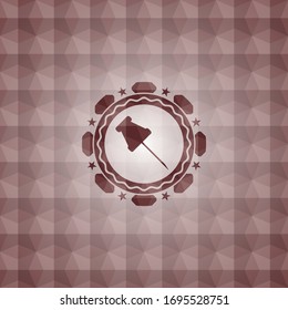 paper pin icon inside red badge with geometric pattern. Seamless.