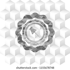 paper pin icon inside retro style grey emblem with geometric cube white background