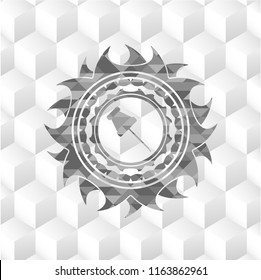 paper pin icon inside retro style grey emblem with geometric cube white background