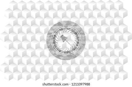 paper pin icon inside retro style grey emblem with geometric cube white background