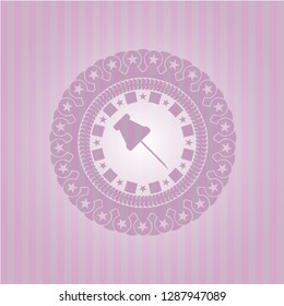 paper pin icon inside retro style pink emblem