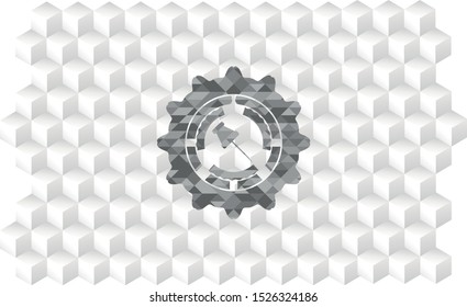 paper pin icon inside retro style grey emblem with geometric cube white background