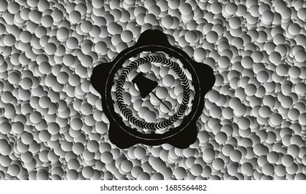 paper pin icon inside retro style black emblem with grey bubbles background. Vector Illustration. Detailed.