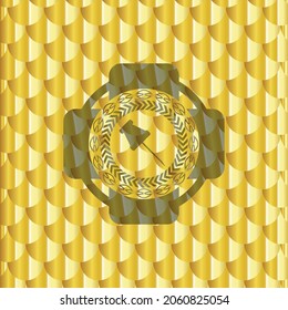 paper pin icon inside shiny golden emblem. Scales pattern. Vector Illustration. Detailed. 