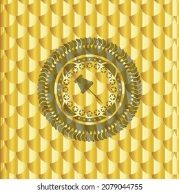 paper pin icon inside shiny golden badge. Scales pattern. Vector Illustration. Detailed. 