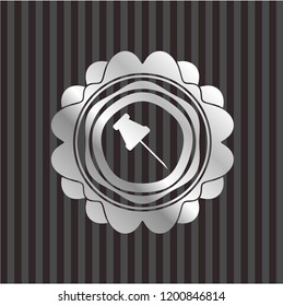 paper pin icon inside silvery emblem or badge