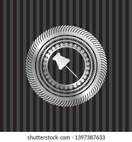 paper pin icon inside silvery badge or emblem