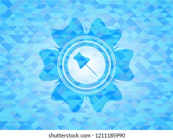 paper pin icon inside sky blue mosaic emblem