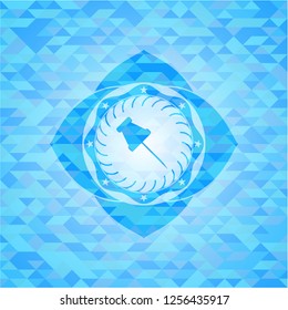 paper pin icon inside sky blue emblem. Mosaic background