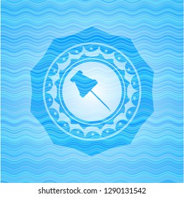 paper pin icon inside sky blue water wave emblem background.