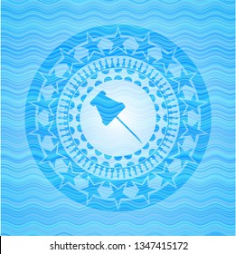 paper pin icon inside sky blue water wave emblem background.