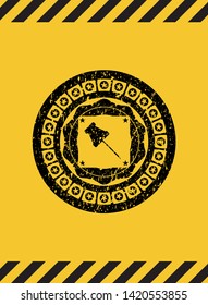 paper pin icon inside warning sign, black grunge emblem. Vector Illustration. Detailed.