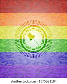 paper pin icon on mosaic background with the colors of the LGBT flag
