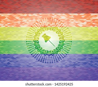 paper pin icon on mosaic background with the colors of the LGBT flag