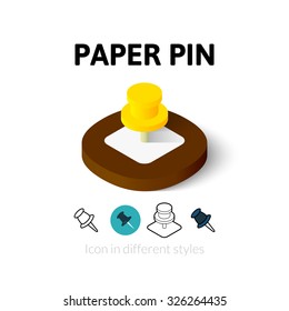 Paper pin icon, vector symbol in flat, outline and isometric style