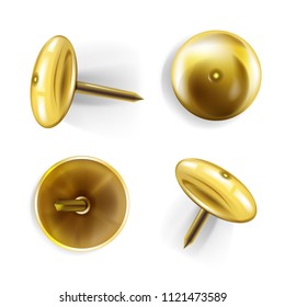 Paper pin vector illustration of 3D realistic golden or brass metal pins or thumbtack for memo notes on bulletin board or decorative nails on white background with shadow.