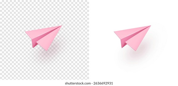 Paper pink flying plane isolated on transparent background. Vector realistic 3d airplane template	