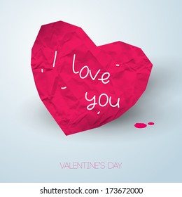 Paper pink heart with handwritten message on light backdrop. Vector Illustration. School theme, First love. Romantic background for Valentines day.