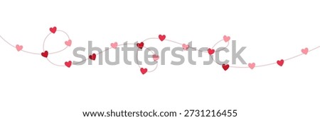 Paper pink heart string frame. Valentine day garland. Love background. Wedding banner. Happy Holiday decoration. Birthday party bg. Hanging confetti. 8 March card. Vector illustration.