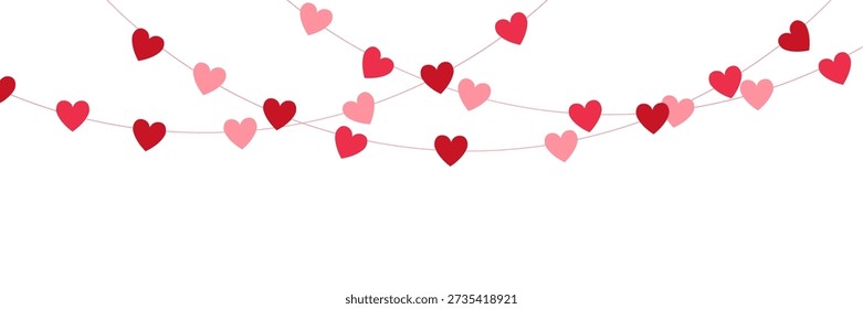 Paper pink heart string. Valentine day garland. Love background. Wedding banner. Happy Holiday decoration. Birthday party bg. Hanging confetti. 8 March card. Vector illustration.