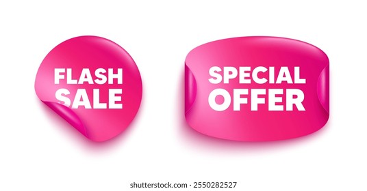 Paper pink sale stickers. Special offer and flash sale sticky tag banners. Peel off and fold label tag. Sale badges with curled edges. Price sticker tags. Offer reminders banners. Vector illustration