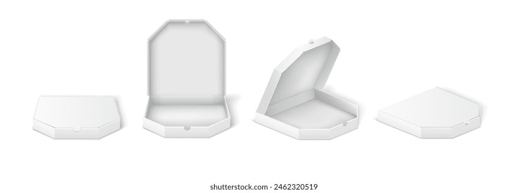 Paper pizza boxes with copy space vector illustration set. Mockup cardboard packaging for food products 3d objects on white background