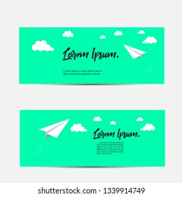 Paper Plan flying on green concept design web banners. Collection of banner templates for web pages.