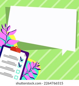 Paper with plan on bright colored background. White text holder with important information. Empty speech bubble for main message. Dialogue Balloon contains Announcements.