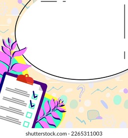 Papel con plano sobre fondo de color brillante. Soporte de texto blanco con información importante. Burbuja de voz vacía para el mensaje principal. El globo de diálogo contiene anuncios.