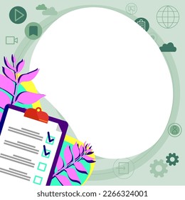 Paper with plan on bright colored background. White text holder with important information. Empty speech bubble for main message. Dialogue Balloon contains Announcements.