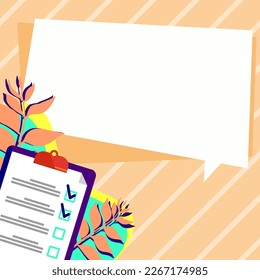 Paper with plan on bright colored background. White text holder with important information. Empty speech bubble for main message. Dialogue Balloon contains Announcements.
